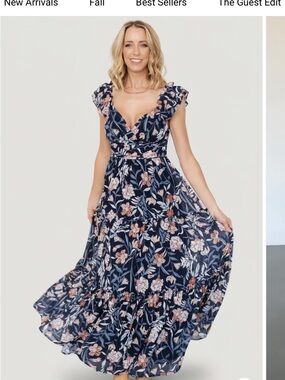 Navy Floral Martina Maxi Dress with Ruffle Sleeves